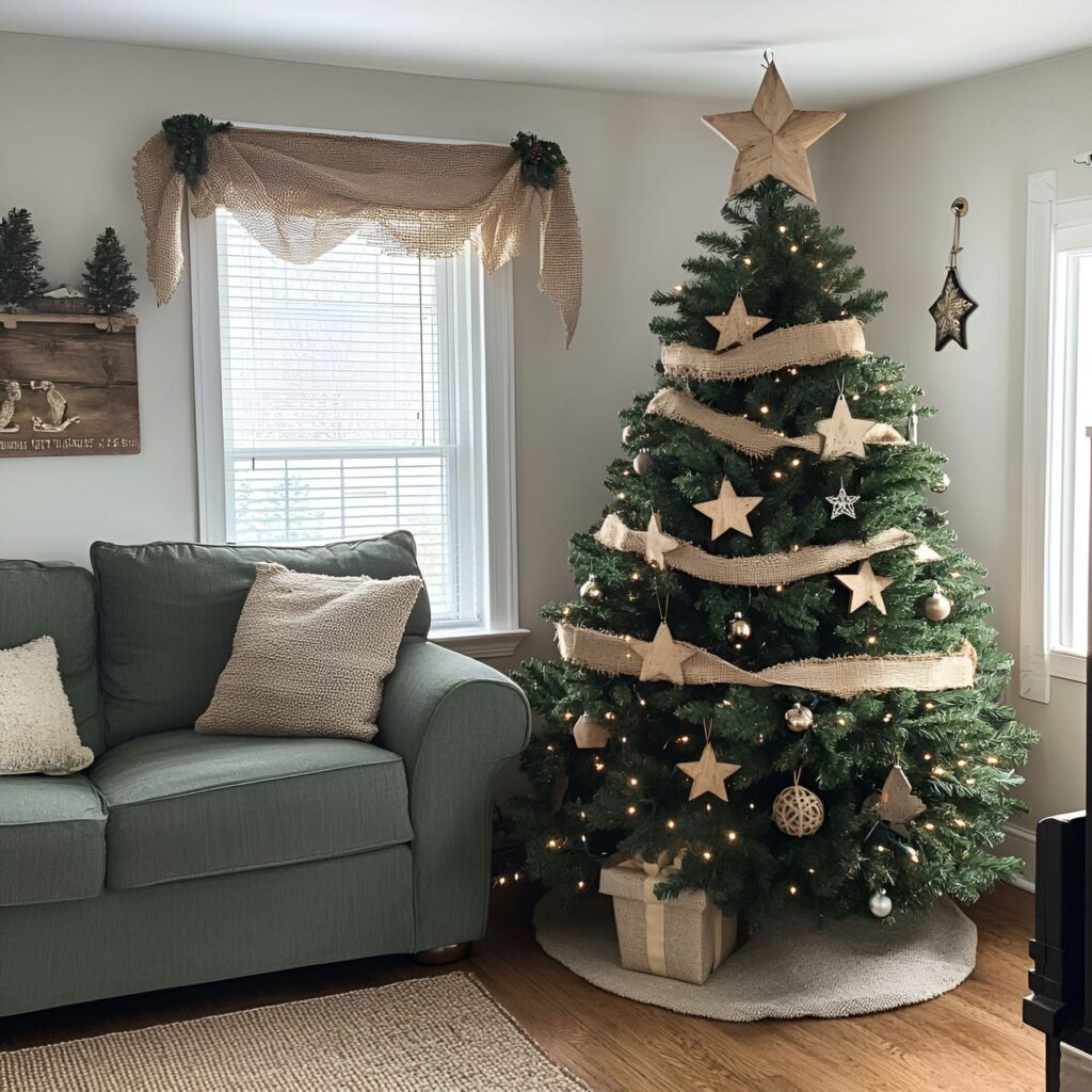 09. Burlap & Twine Christmas Tree with Wooden Star Accents