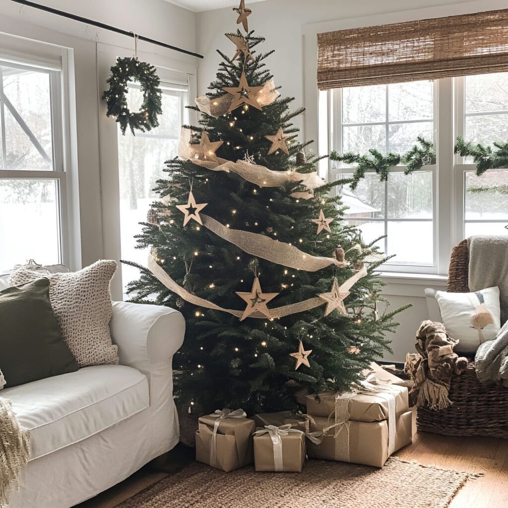 09. Burlap & Twine Christmas Tree with Wooden Star Accents