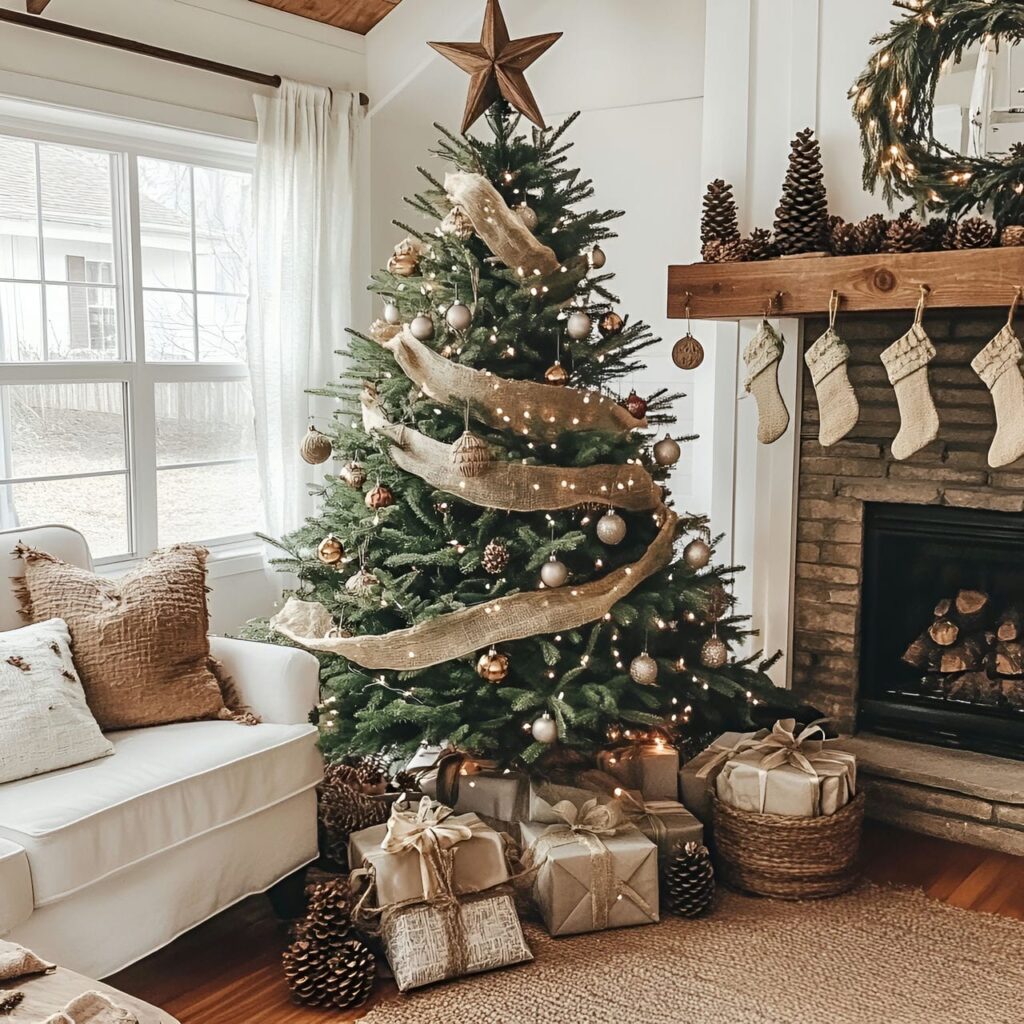 01. Burlap Elegance Christmas Tree with Burlap Ribbons and Pinecones