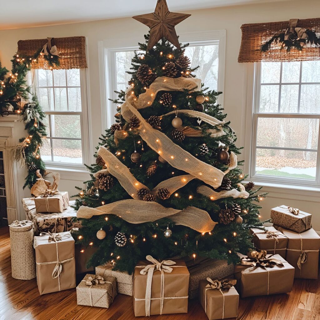 01. Burlap Elegance Christmas Tree with Burlap Ribbons and Pinecones