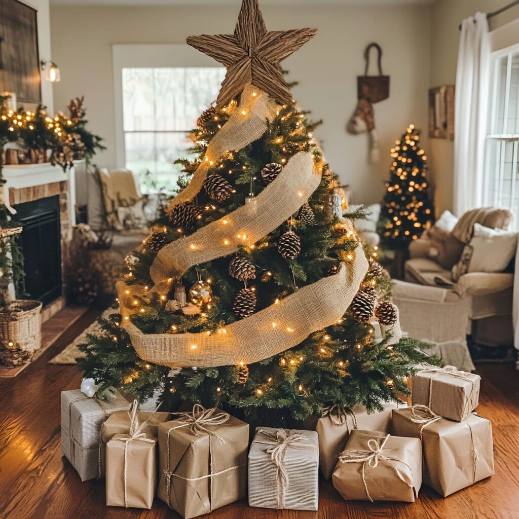 01. Burlap Elegance Christmas Tree with Burlap Ribbons and Pinecones