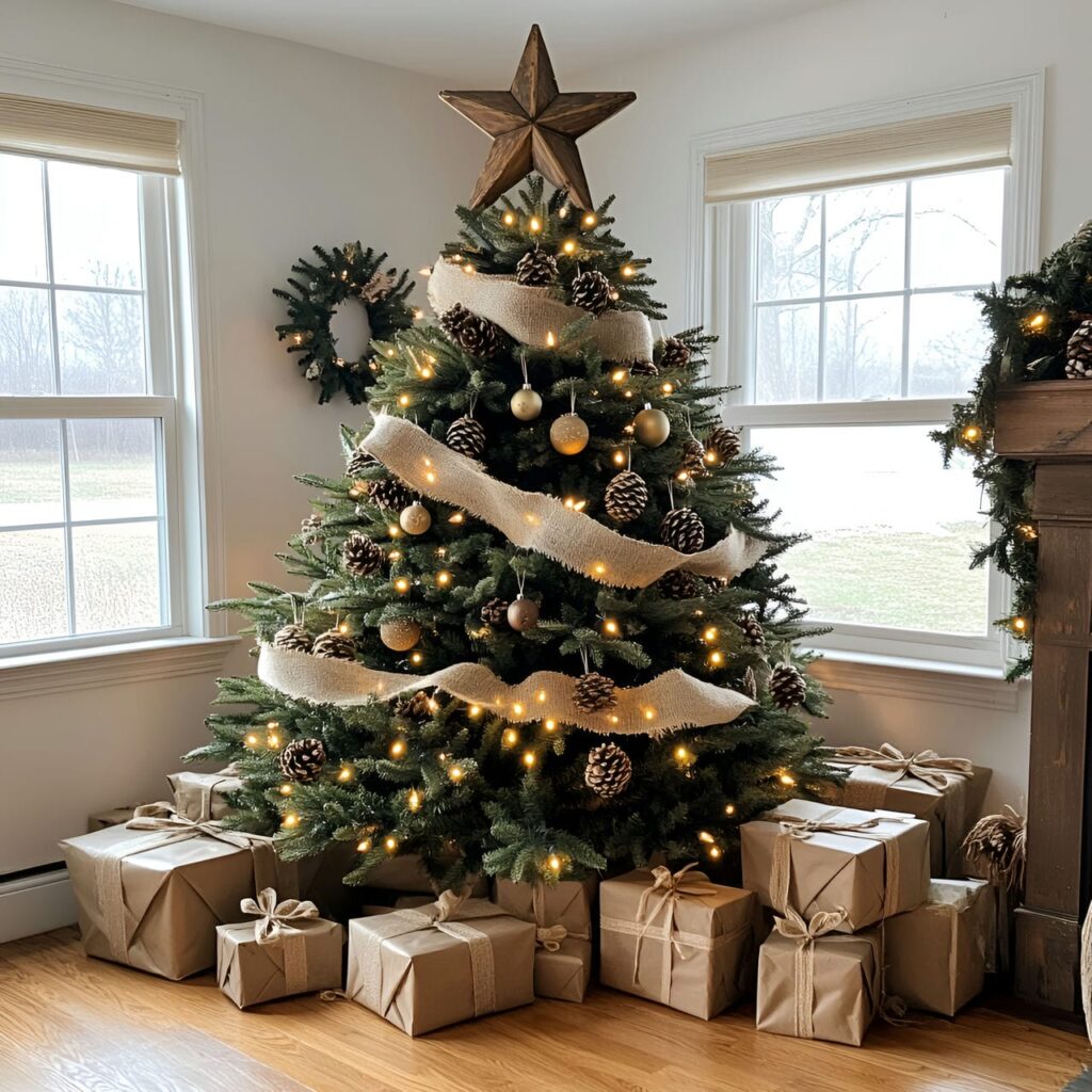 01. Burlap Elegance Christmas Tree with Burlap Ribbons and Pinecones