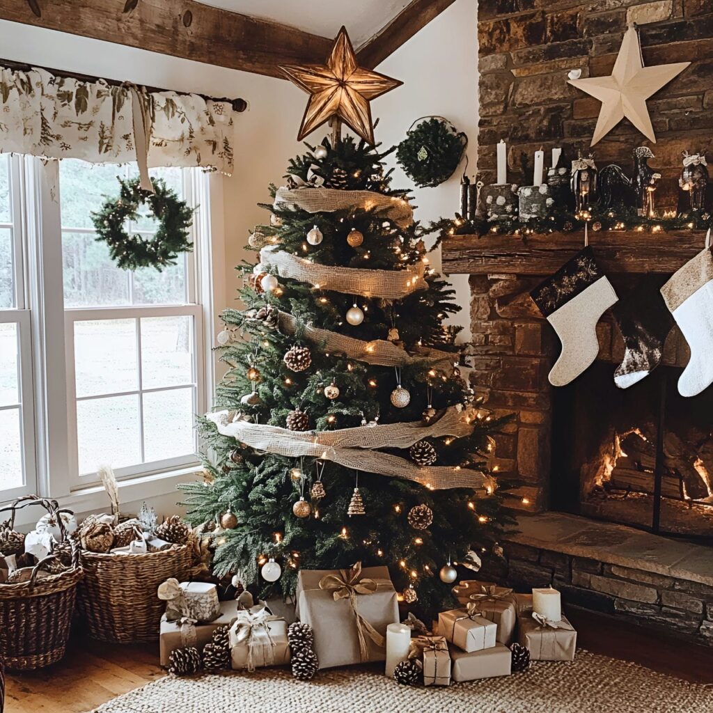 01. Burlap Elegance Christmas Tree with Burlap Ribbons and Pinecones