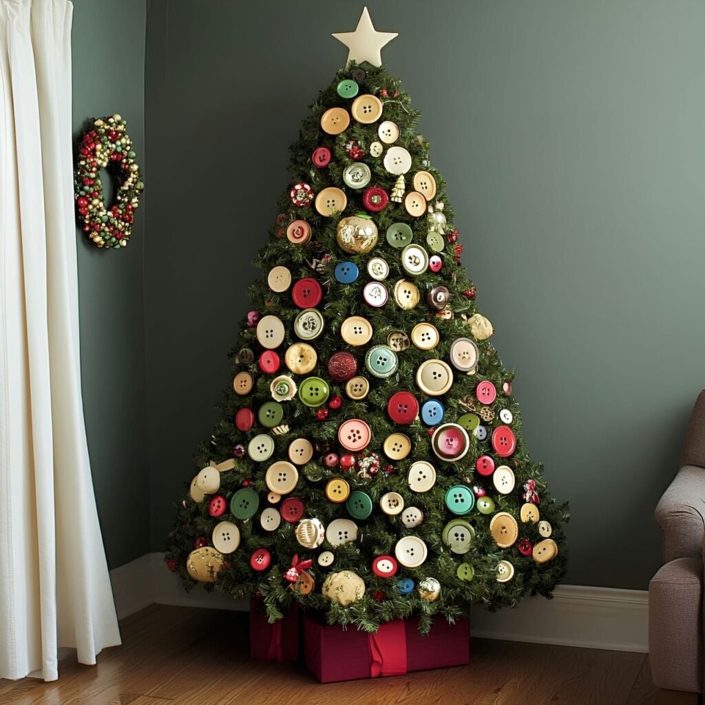 15. Button Ornament Christmas Tree with Colorful Craft Designs