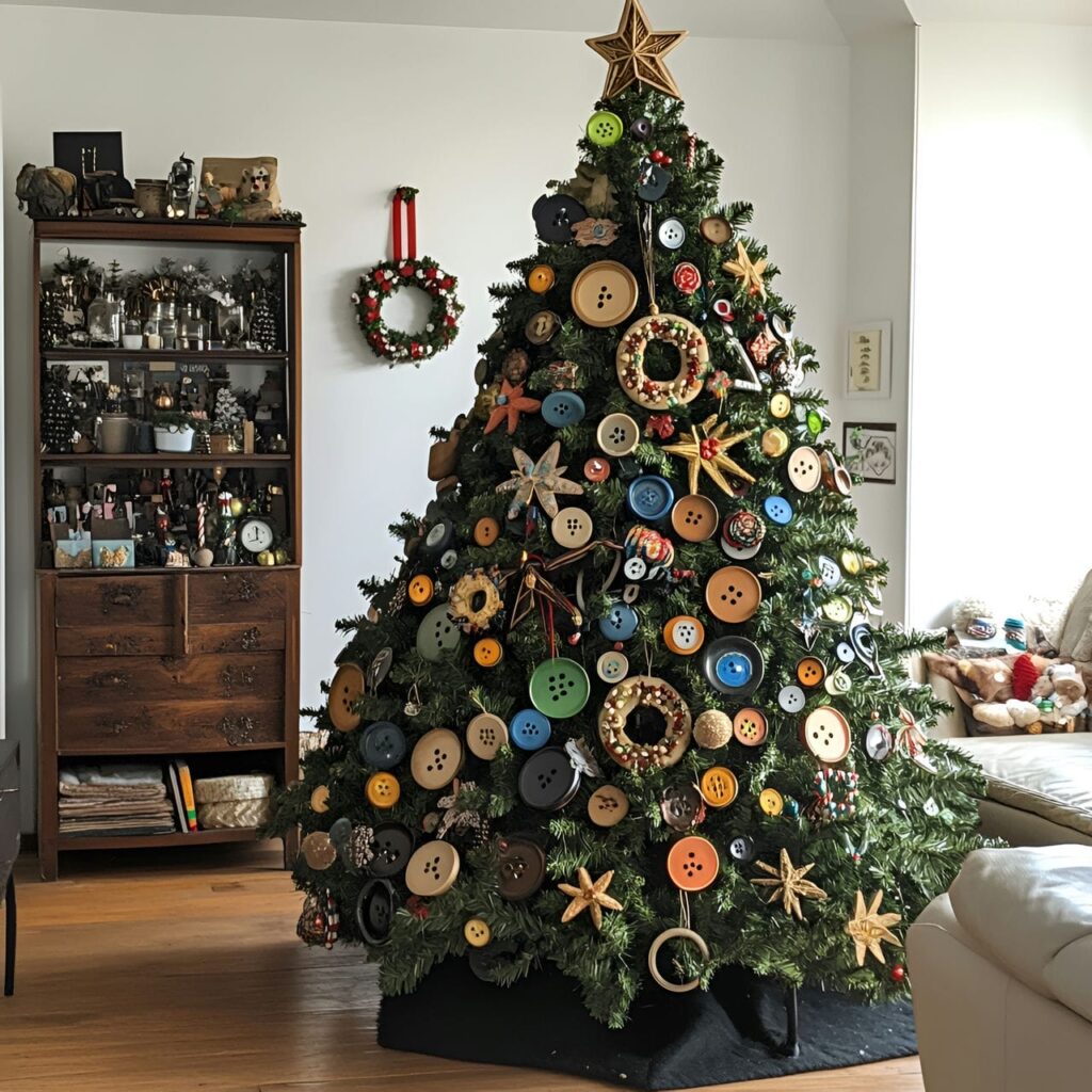 15. Button Ornament Christmas Tree with Colorful Craft Designs