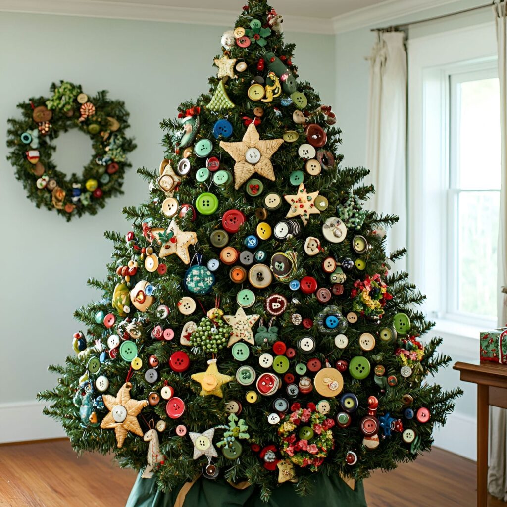 15. Button Ornament Christmas Tree with Colorful Craft Designs