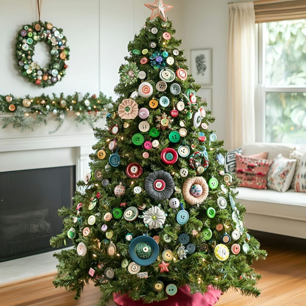 15. Button Ornament Christmas Tree with Colorful Craft Designs