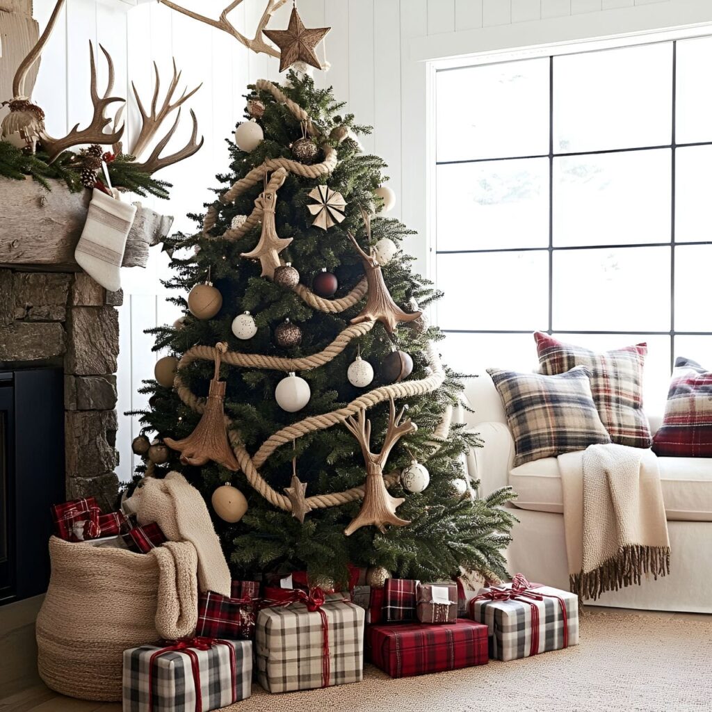 20. Cabin Comfort Tree with Rope Garlands and Antler Ornaments