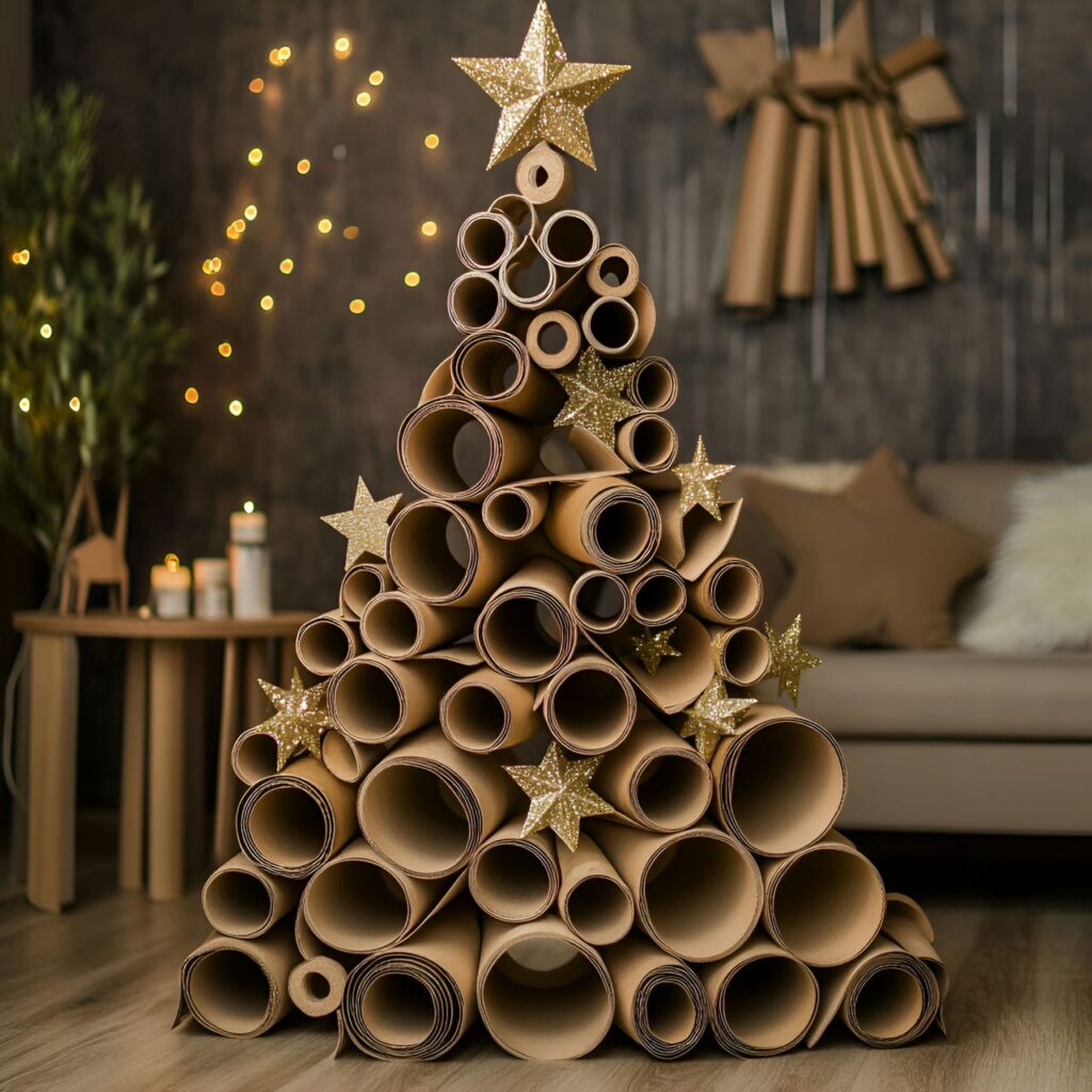 26. Cardboard Tube Christmas Tree with Eco-Friendly Ornaments