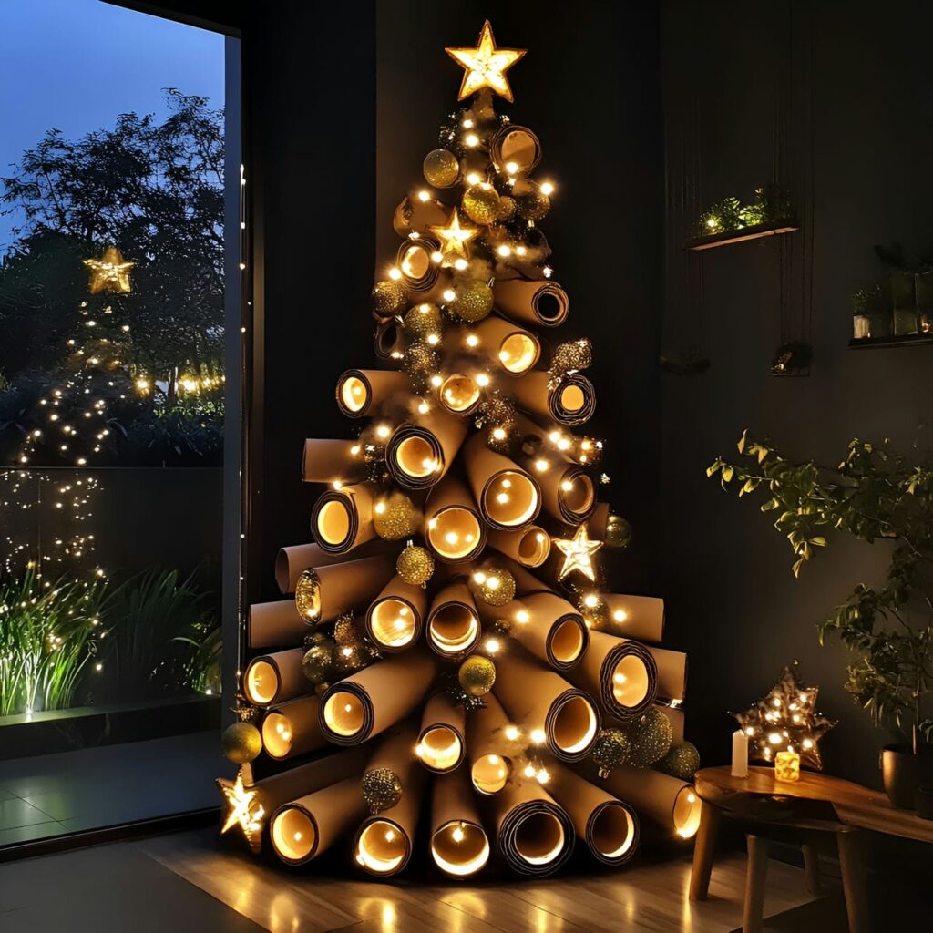 26. Cardboard Tube Christmas Tree with Eco-Friendly Ornaments