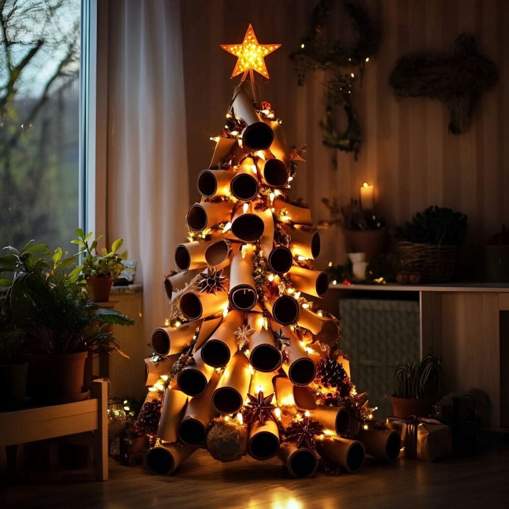 26. Cardboard Tube Christmas Tree with Eco-Friendly Ornaments