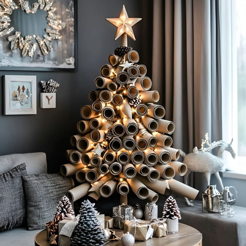 26. Cardboard Tube Christmas Tree with Eco-Friendly Ornaments