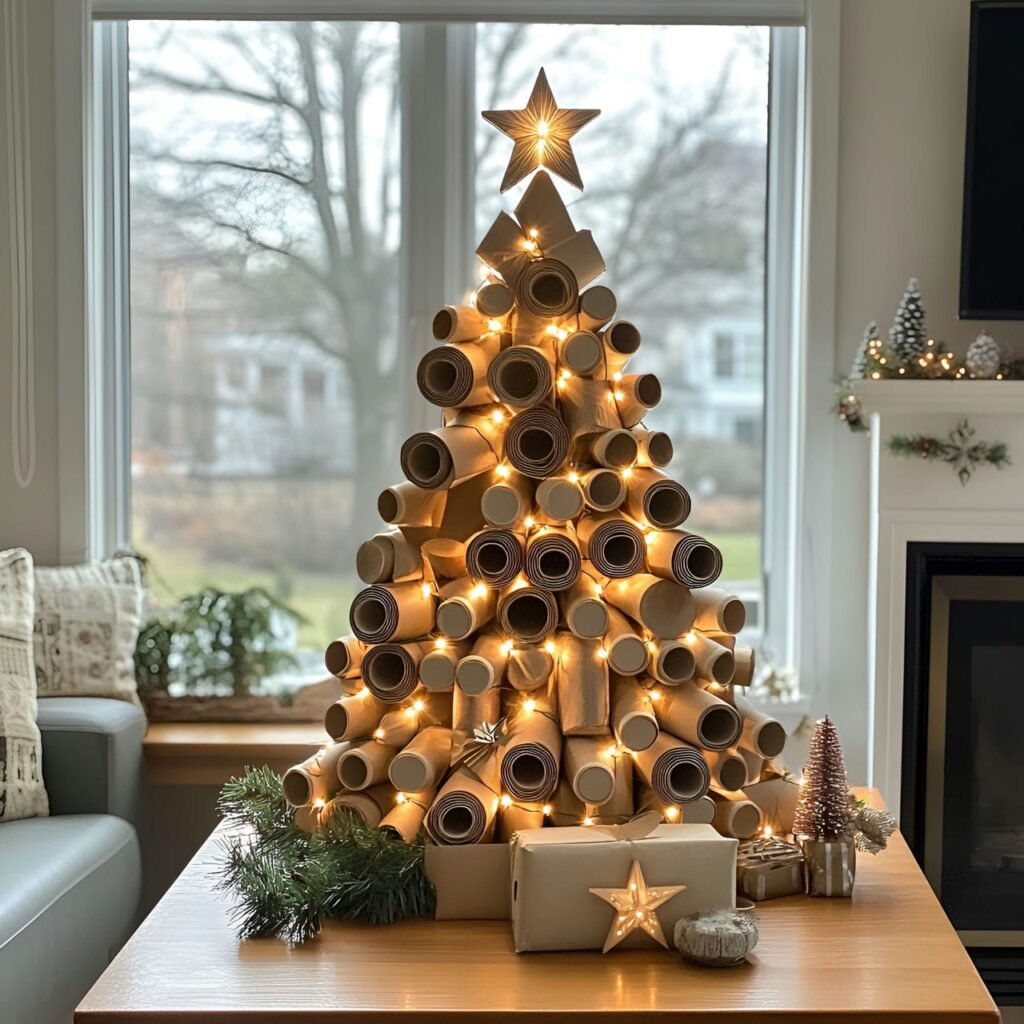 26. Cardboard Tube Christmas Tree with Eco-Friendly Ornaments