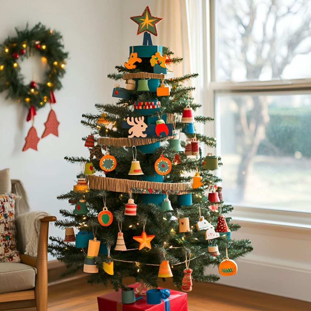 28. Cardboard Tube Ornament Tree with Painted Holiday Figures