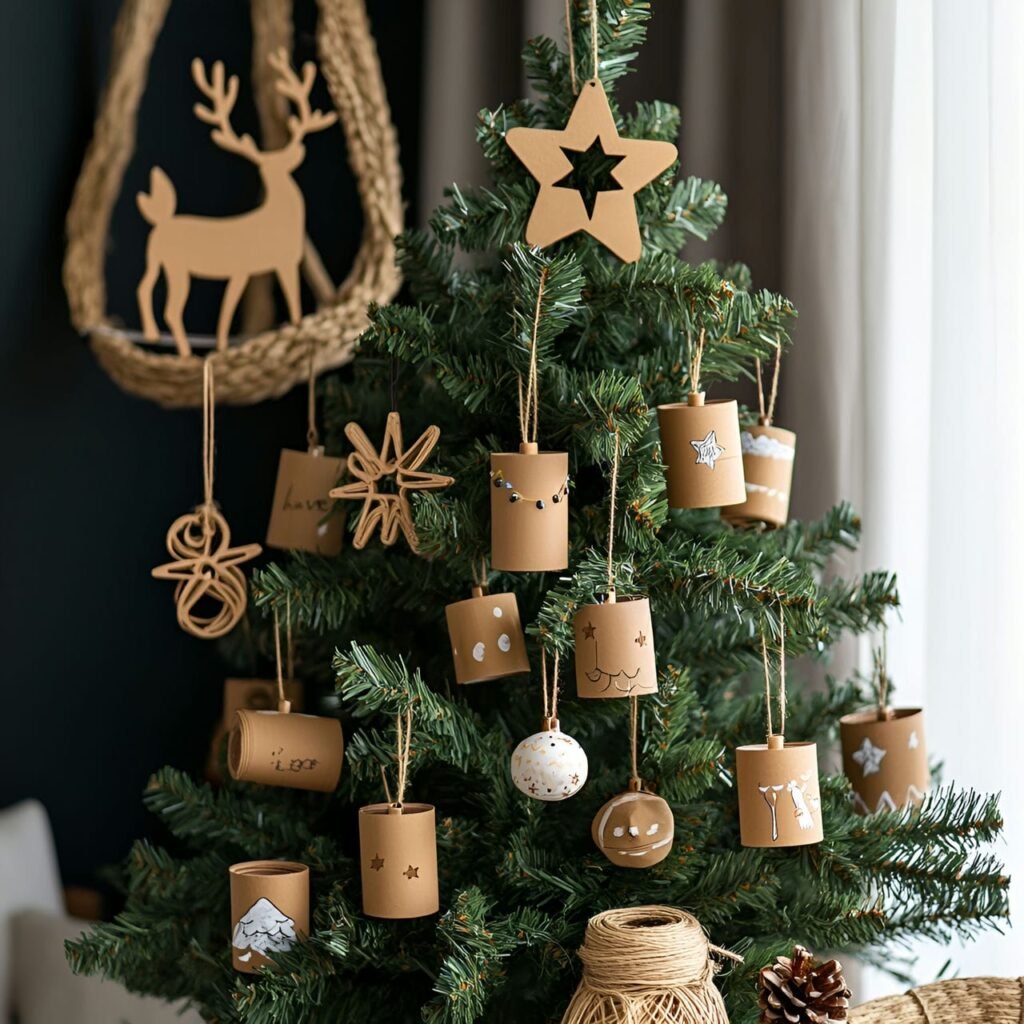 28. Cardboard Tube Ornament Tree with Painted Holiday Figures