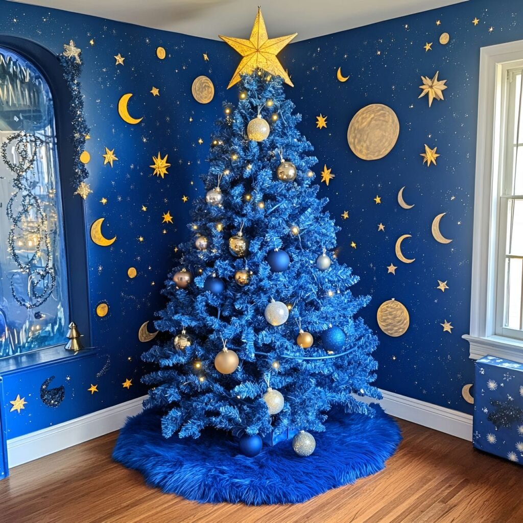 14. Celestial-themed Christmas Tree with Starry Night Decorations