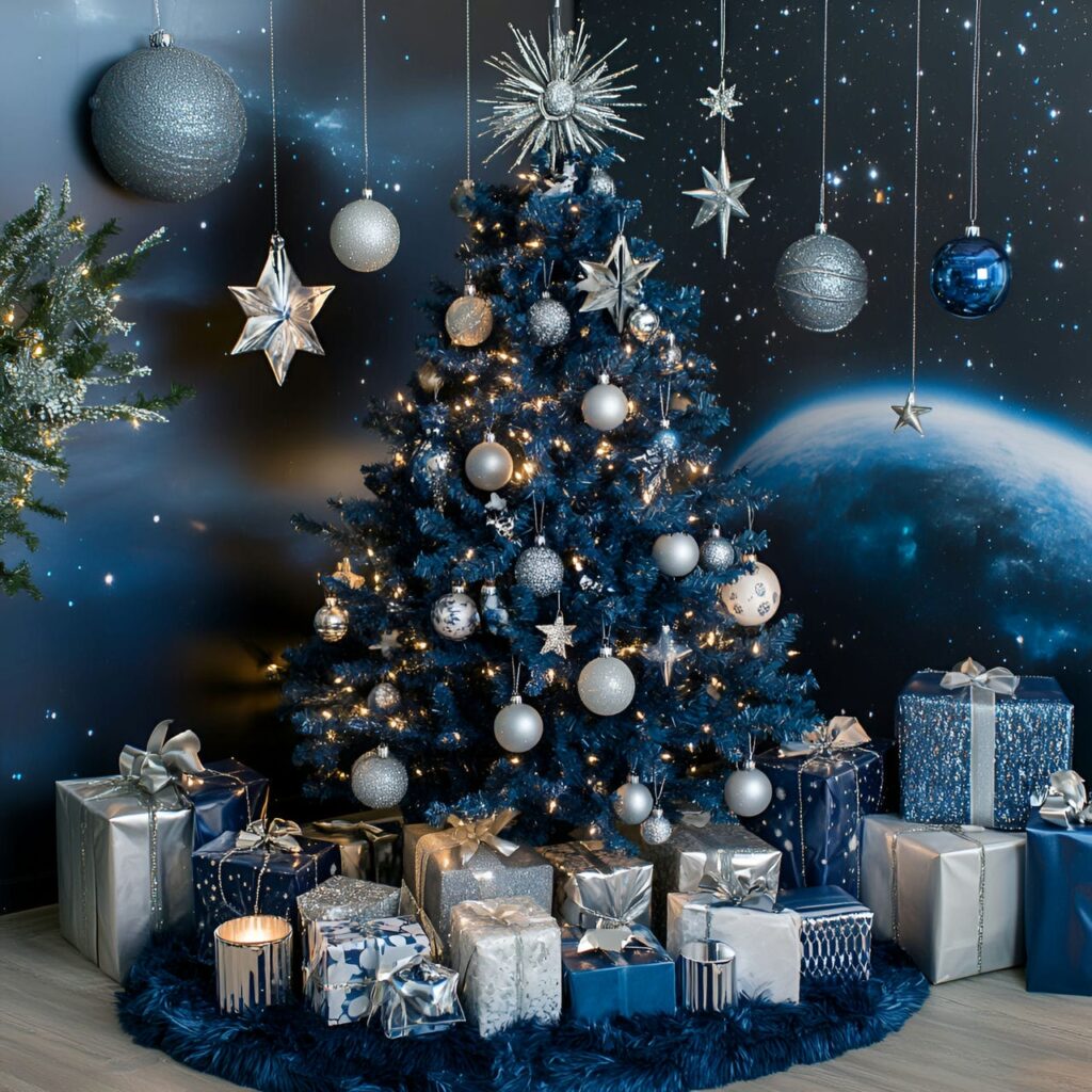 14. Celestial-themed Christmas Tree with Starry Night Decorations