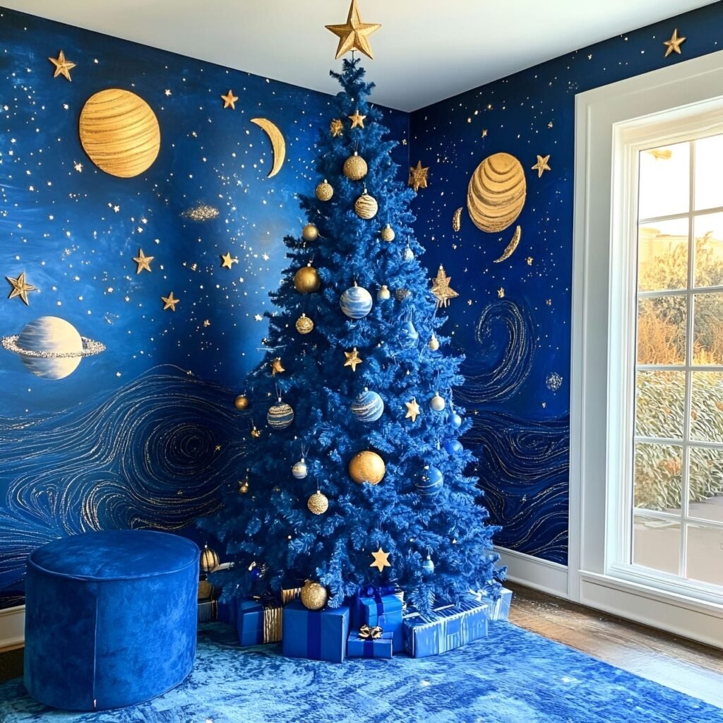 14. Celestial-themed Christmas Tree with Starry Night Decorations