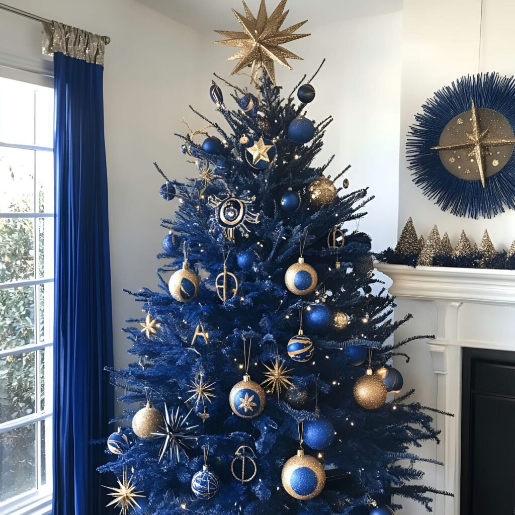 14. Celestial-themed Christmas Tree with Starry Night Decorations