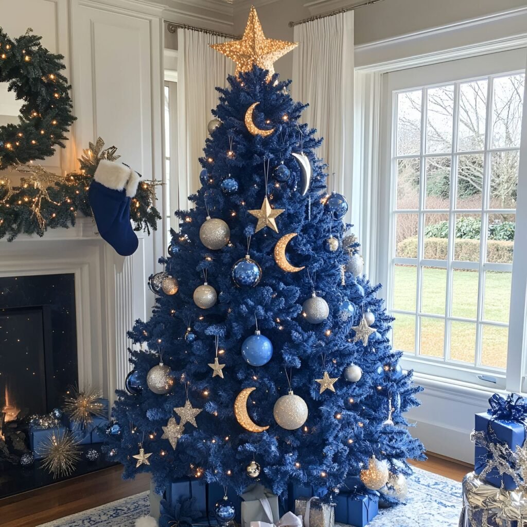 14. Celestial-themed Christmas Tree with Starry Night Decorations