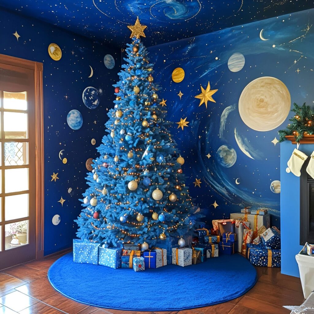 14. Celestial-themed Christmas Tree with Starry Night Decorations