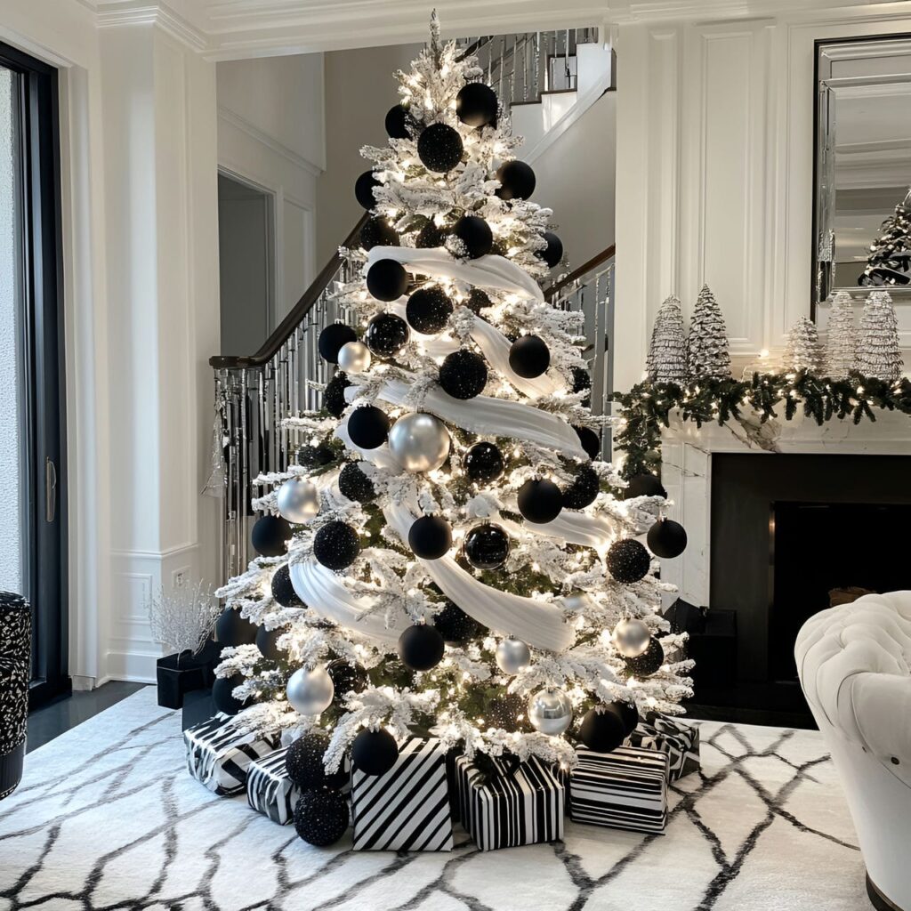 17. Chic Monochrome Light Tree with Minimalist Black & White