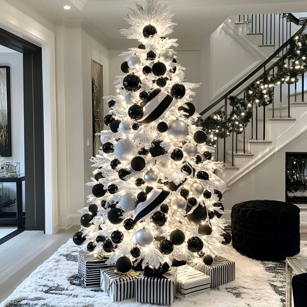 17. Chic Monochrome Light Tree with Minimalist Black & White