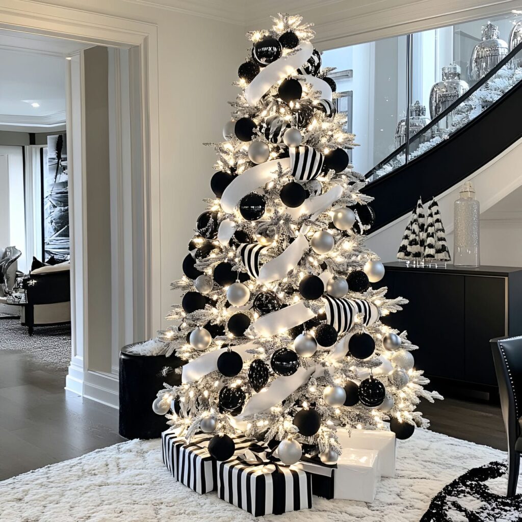 17. Chic Monochrome Light Tree with Minimalist Black & White