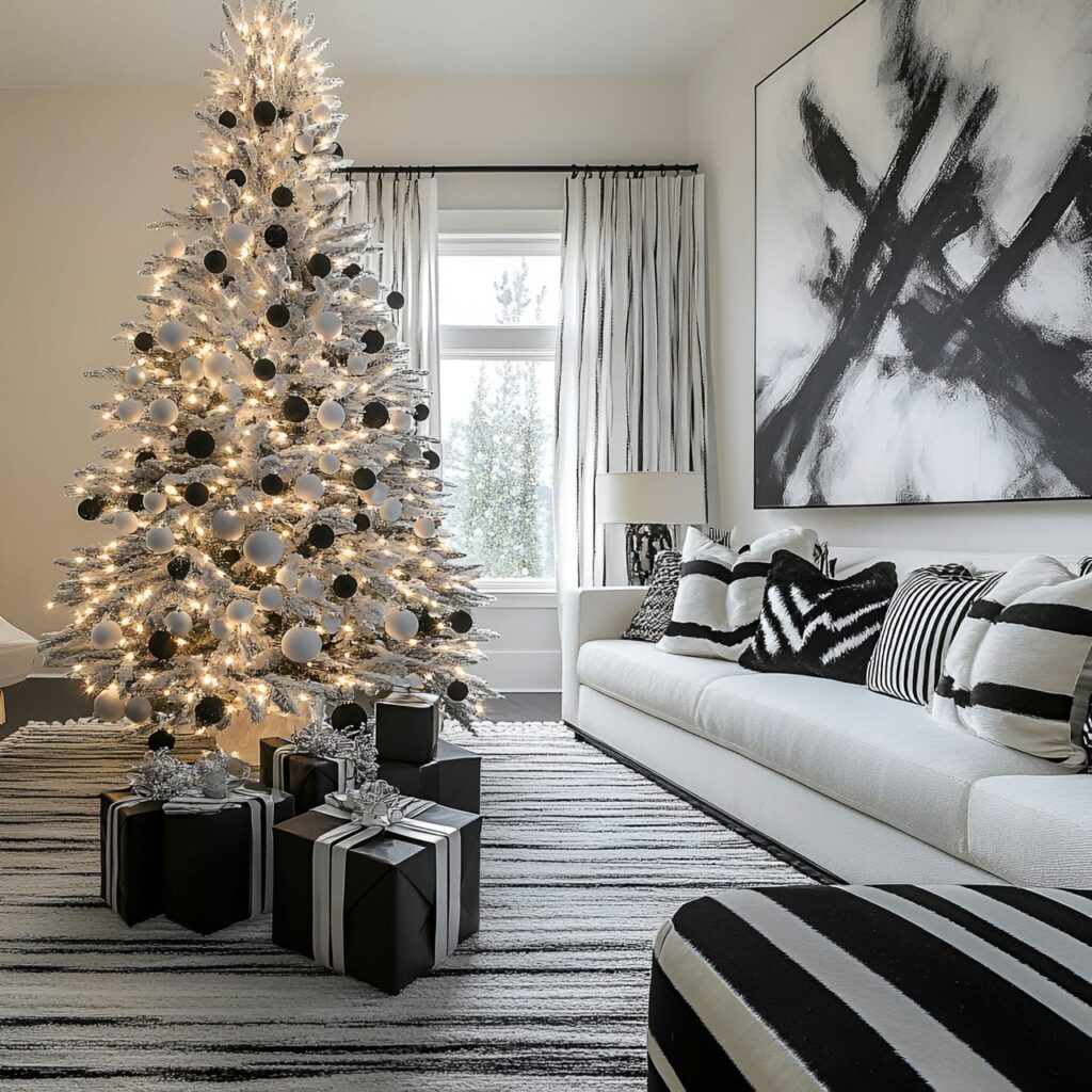 17. Chic Monochrome Light Tree with Minimalist Black & White