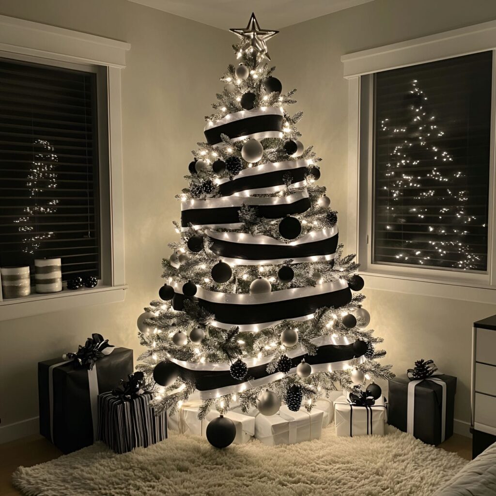 17. Chic Monochrome Light Tree with Minimalist Black & White