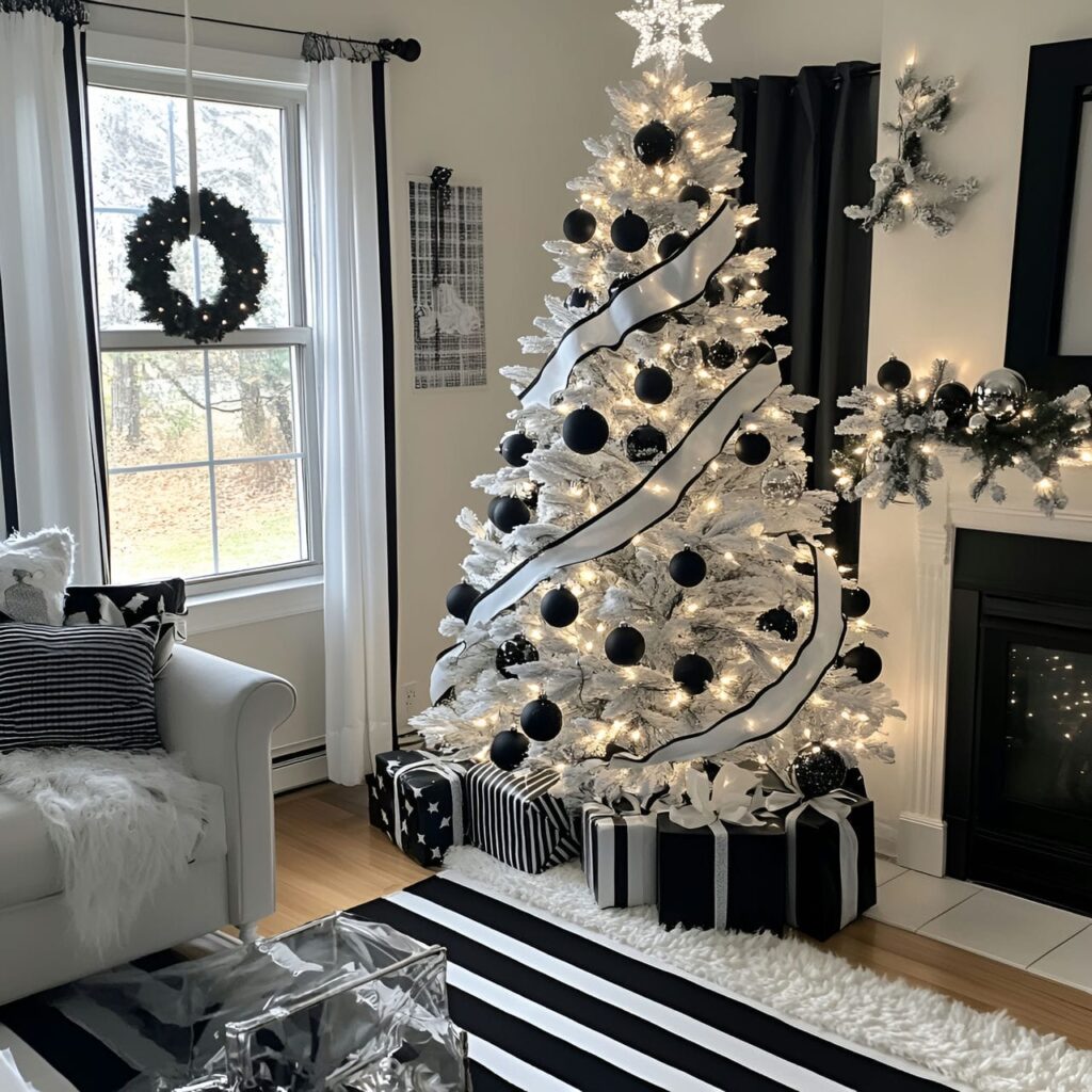 17. Chic Monochrome Light Tree with Minimalist Black & White