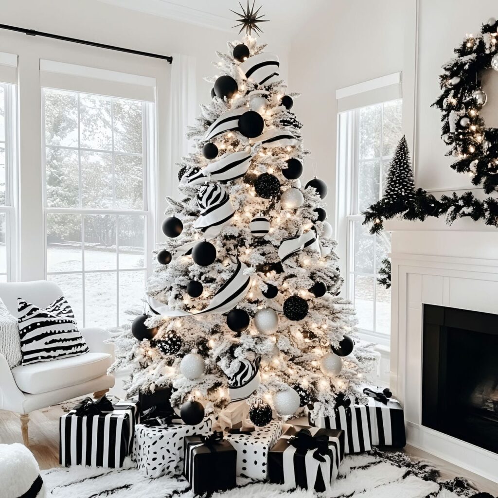 17. Chic Monochrome Light Tree with Minimalist Black & White