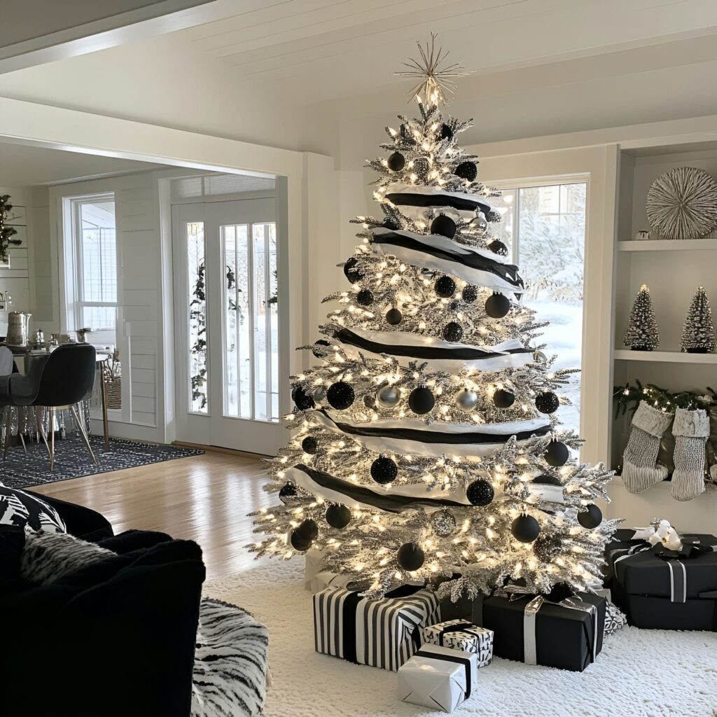 17. Chic Monochrome Light Tree with Minimalist Black & White