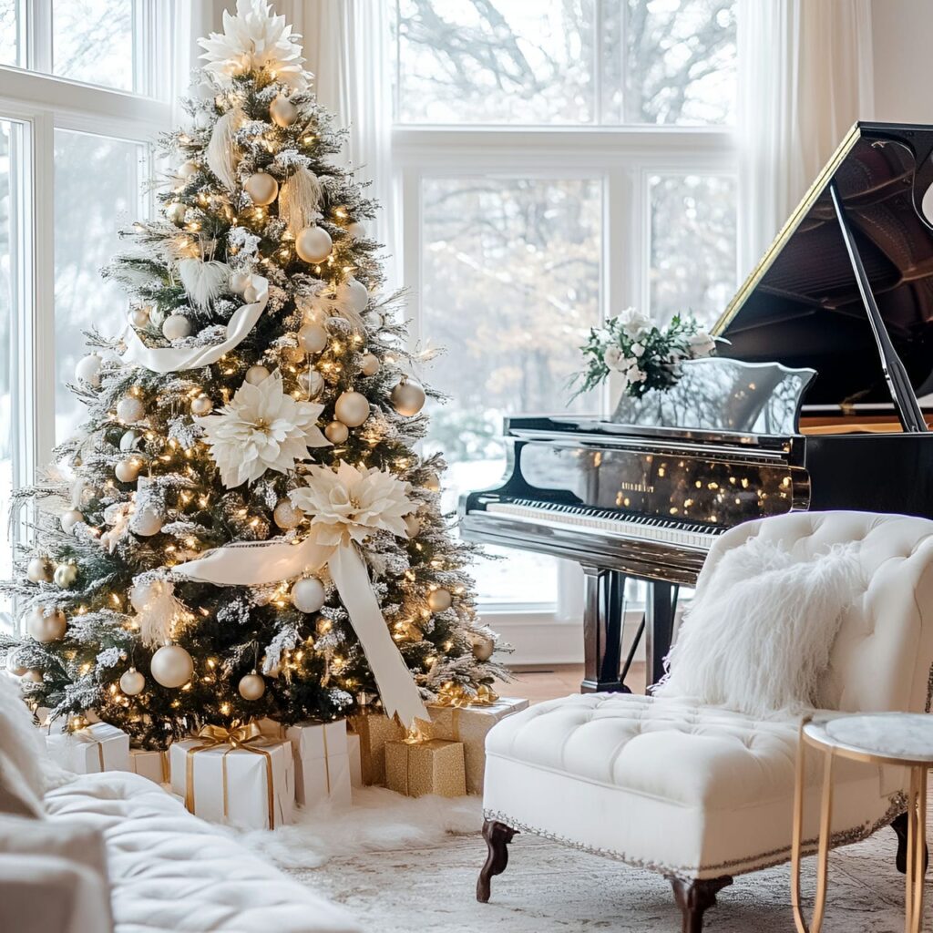 17. Classic Gold and White Christmas Tree with Feather Accents