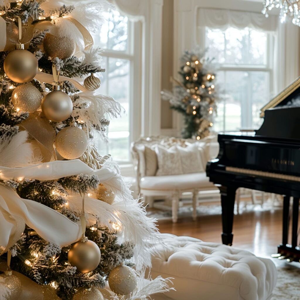 17. Classic Gold and White Christmas Tree with Feather Accents