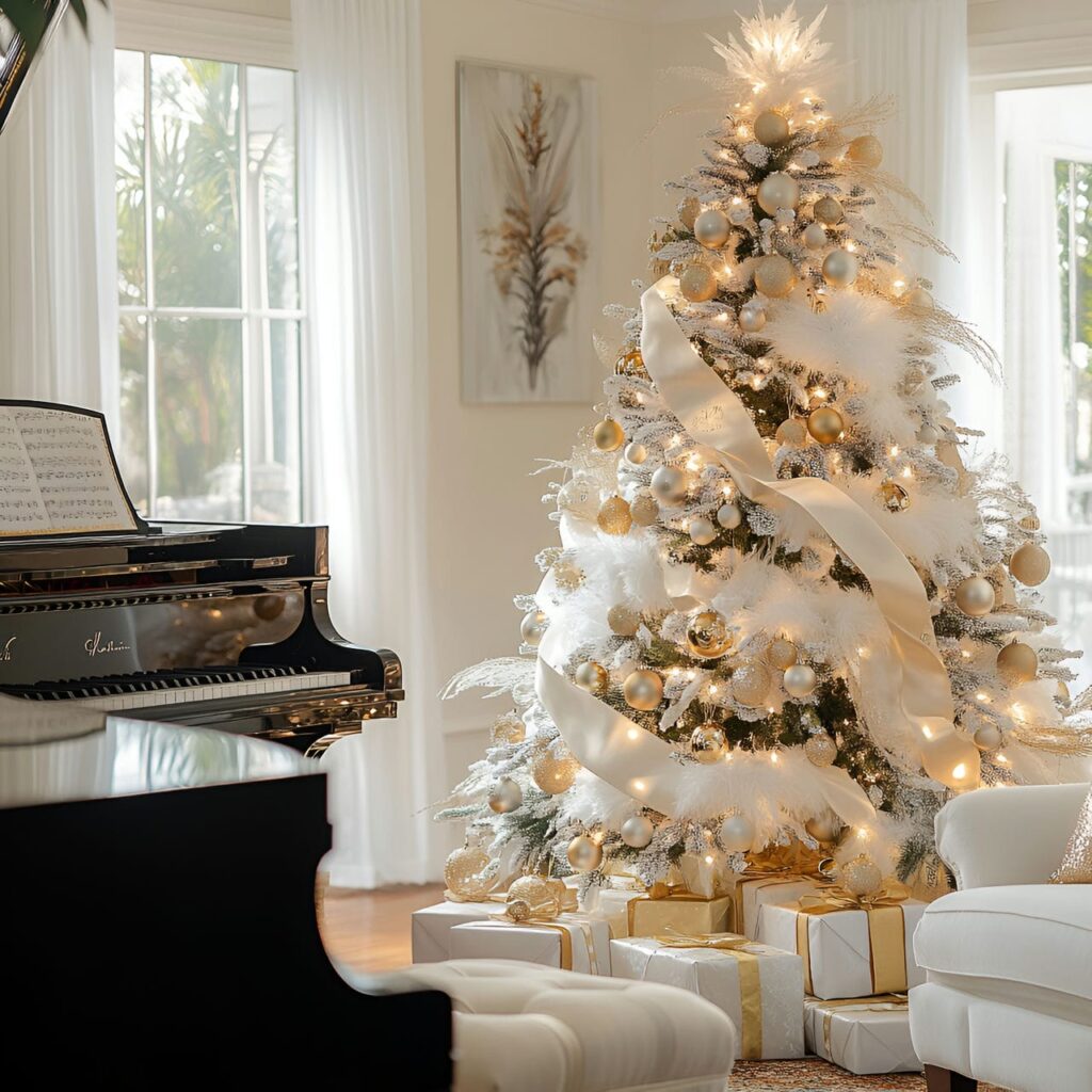 17. Classic Gold and White Christmas Tree with Feather Accents