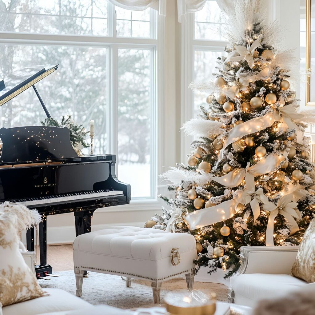 17. Classic Gold and White Christmas Tree with Feather Accents