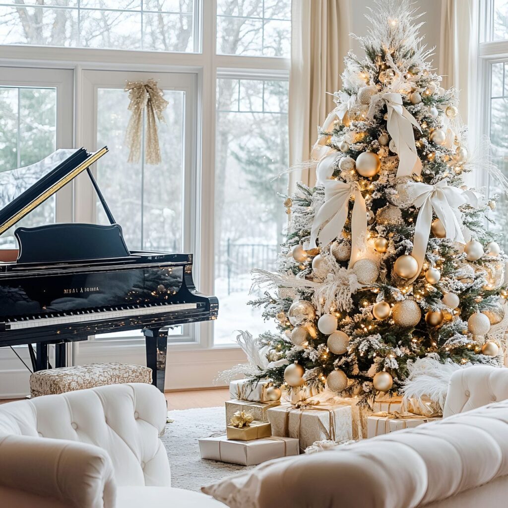 17. Classic Gold and White Christmas Tree with Feather Accents