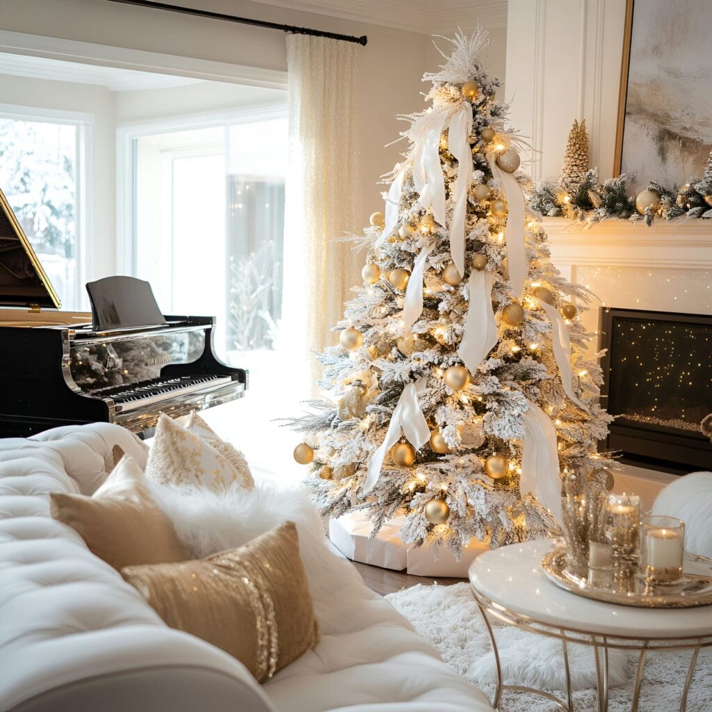 17. Classic Gold and White Christmas Tree with Feather Accents