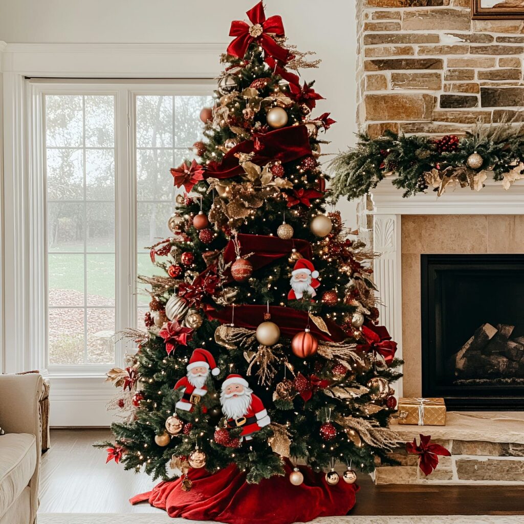 14. Classic Santa Claus Tree with Velvet Ribbons & Sleigh Bells