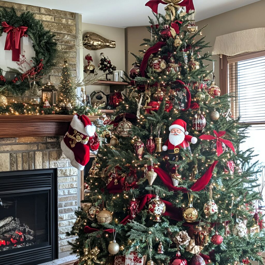 14. Classic Santa Claus Tree with Velvet Ribbons & Sleigh Bells