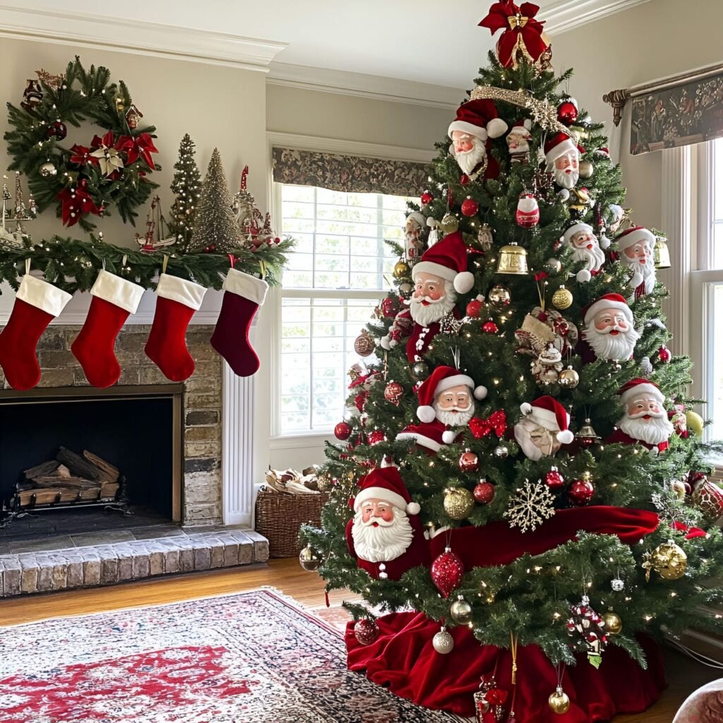 14. Classic Santa Claus Tree with Velvet Ribbons & Sleigh Bells