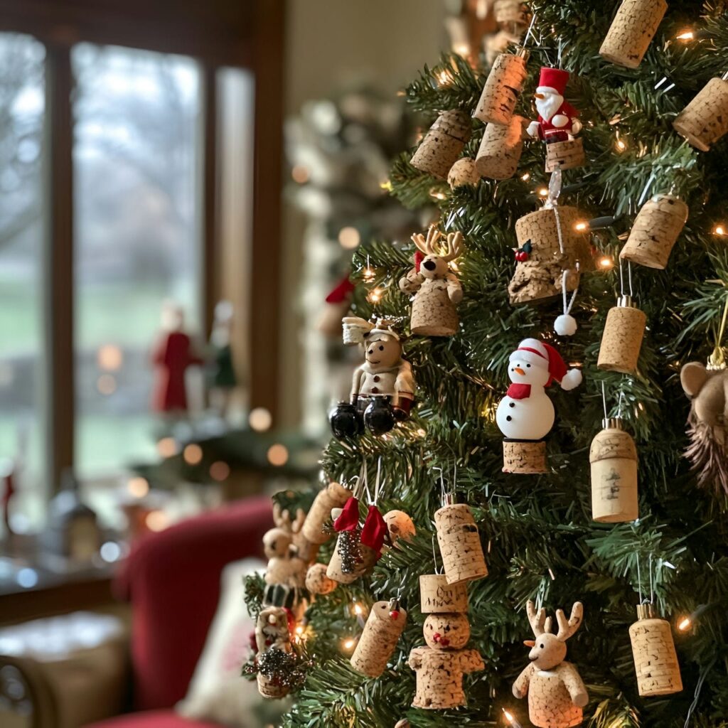 14. Cork Ornament Christmas Tree with Upcycled Holiday Characters