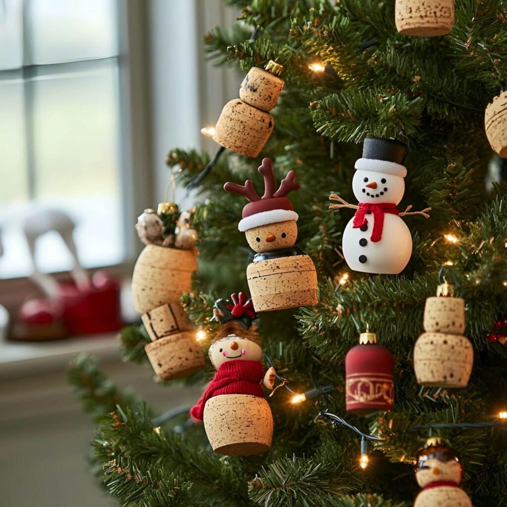 14. Cork Ornament Christmas Tree with Upcycled Holiday Characters