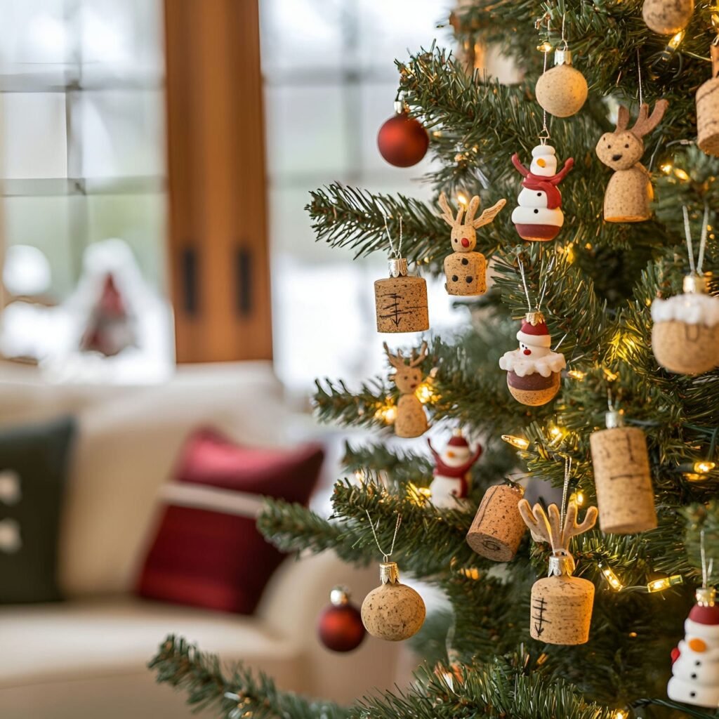 14. Cork Ornament Christmas Tree with Upcycled Holiday Characters