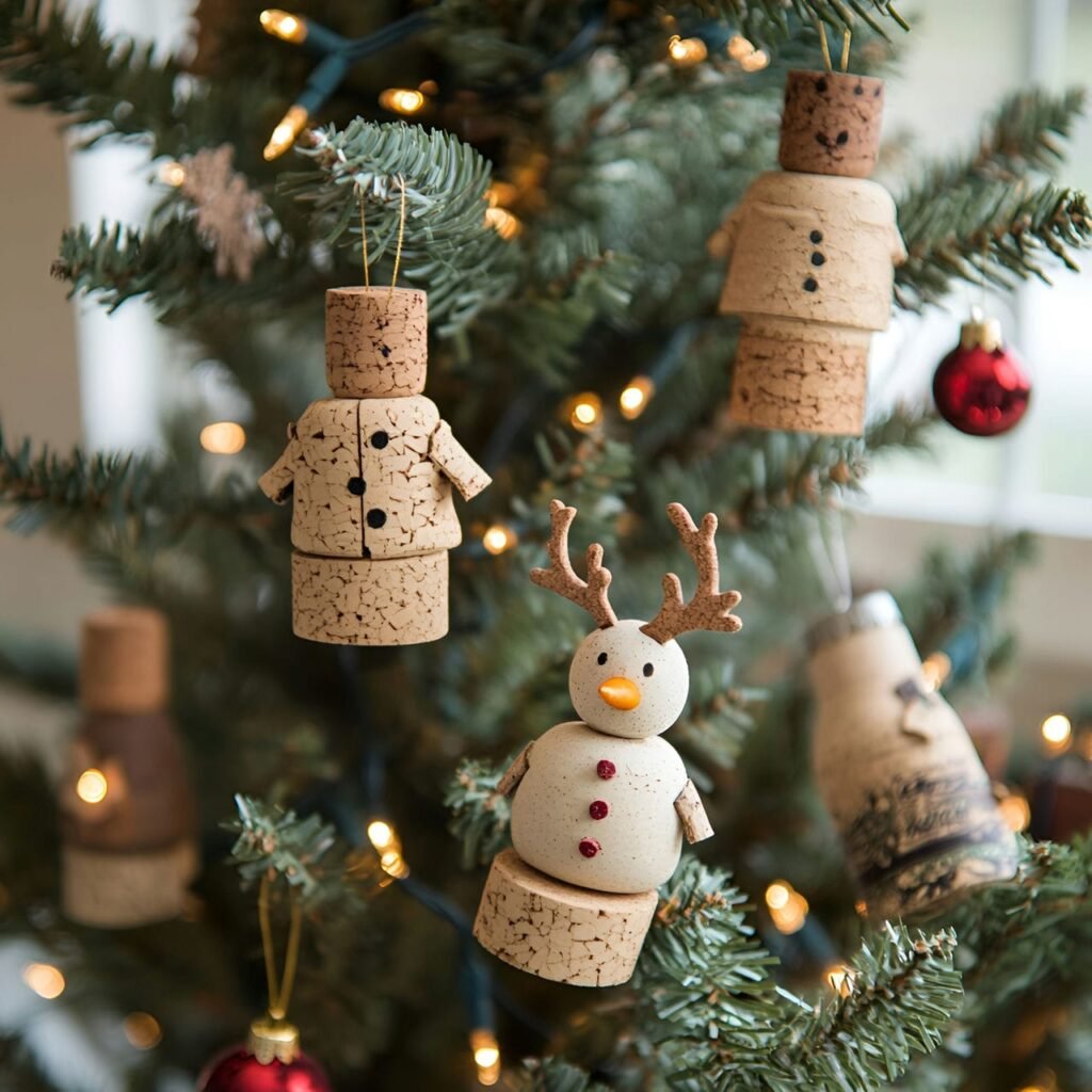 14. Cork Ornament Christmas Tree with Upcycled Holiday Characters