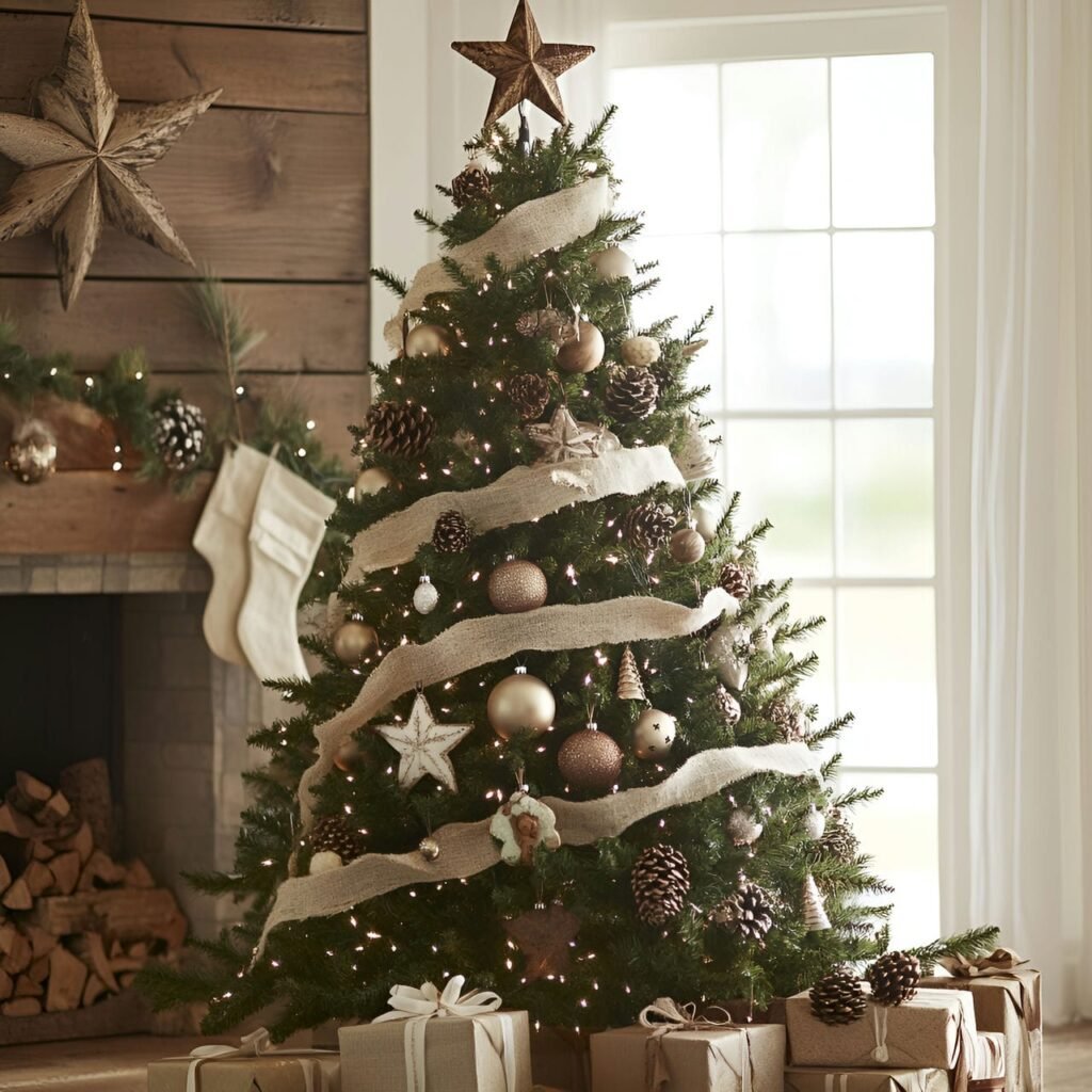 17. Rustic Farmhouse Christmas Tree: Cozy and Charming Country-Inspired Décor