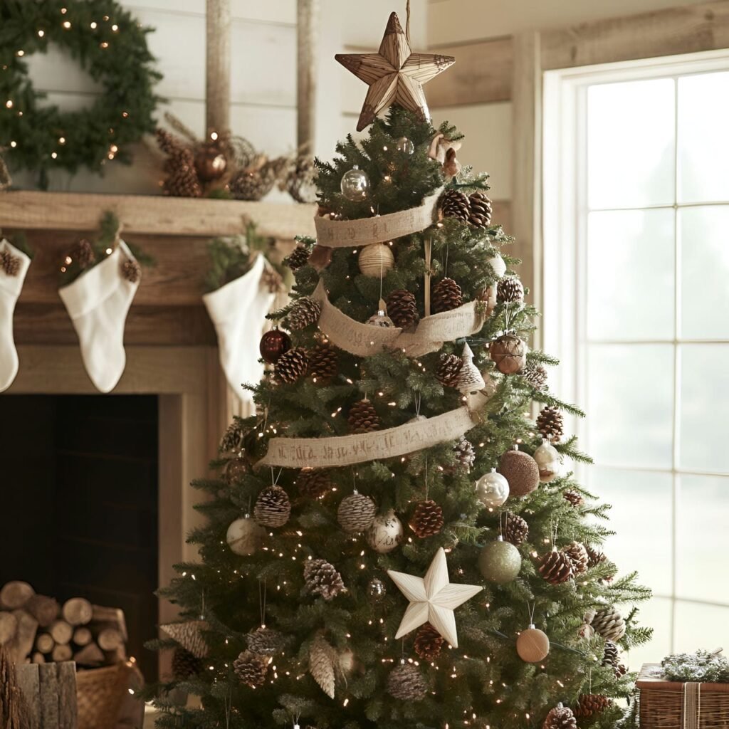 17. Rustic Farmhouse Christmas Tree: Cozy and Charming Country-Inspired Décor