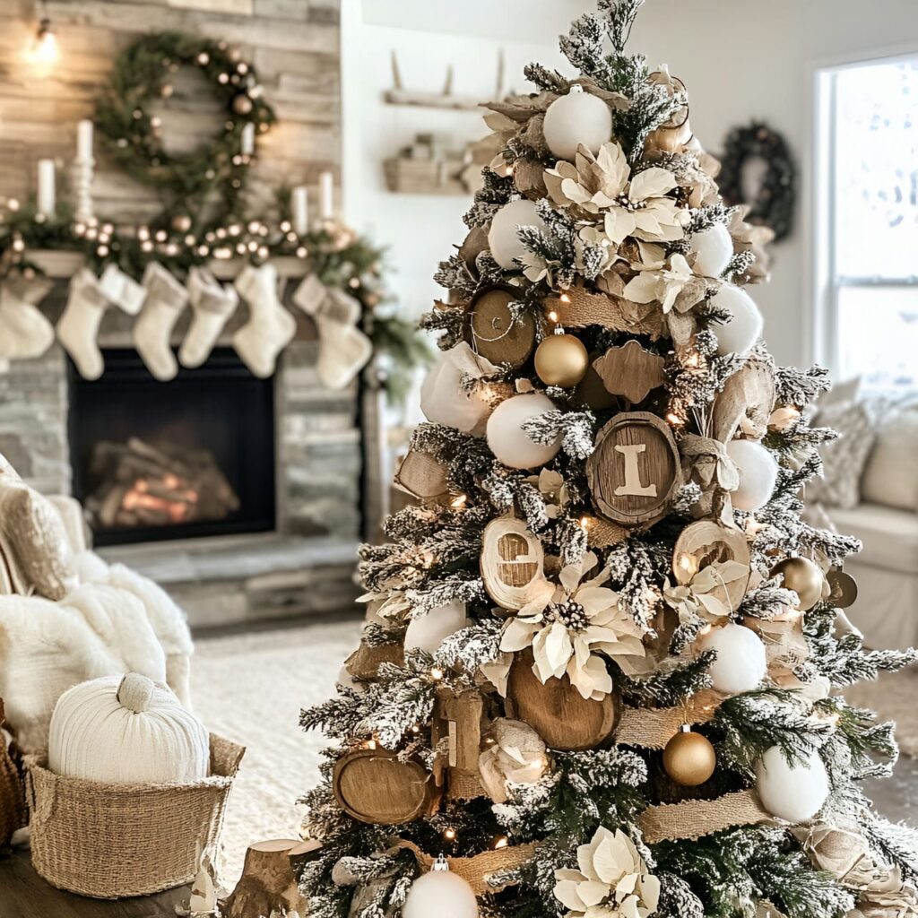 04. Countryside Comfort Tree with Wooden Ornaments and Burlap Garlands