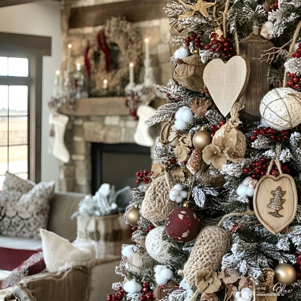 04. Countryside Comfort Tree with Wooden Ornaments and Burlap Garlands